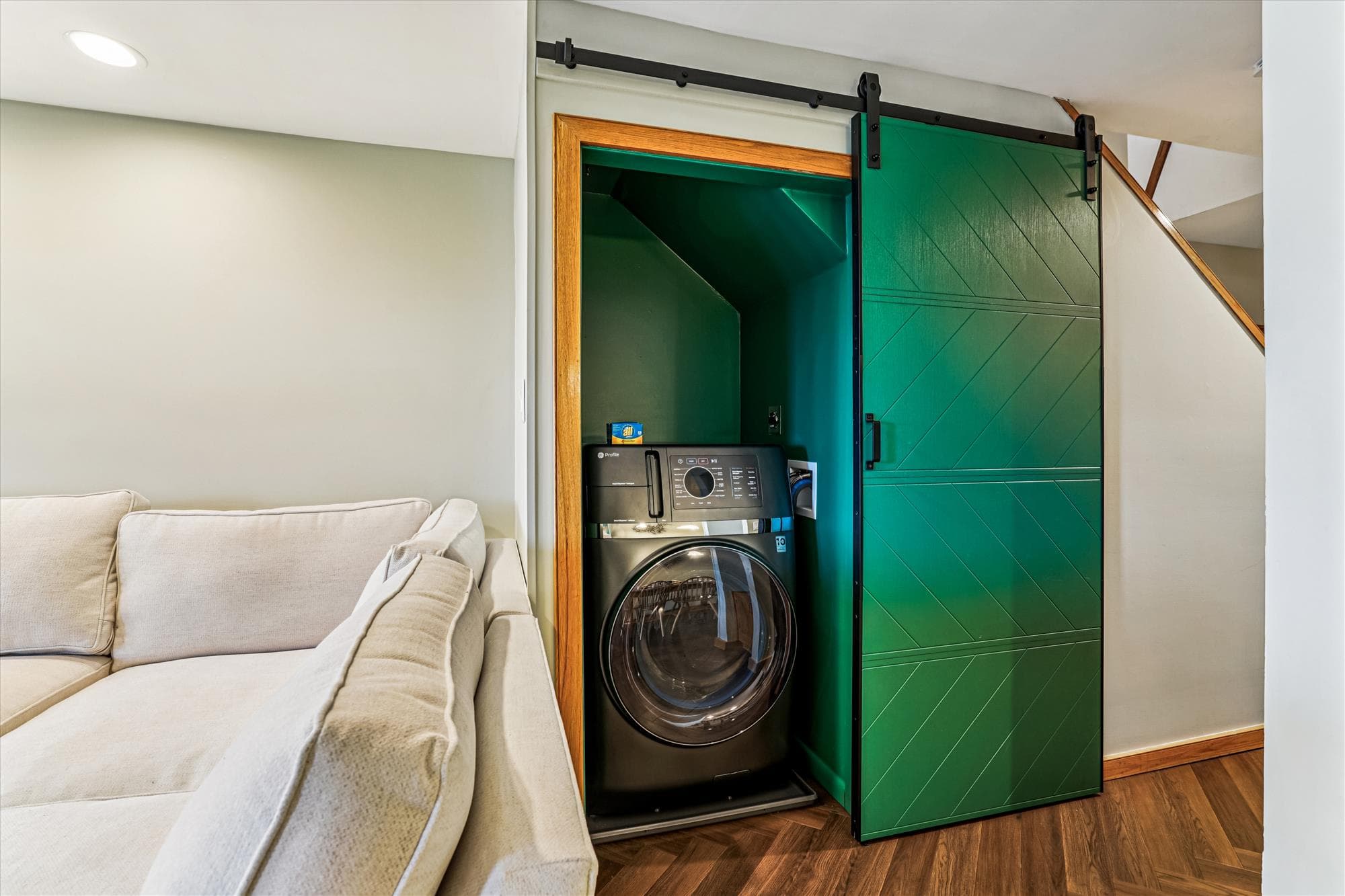 Convenient in-unit washer and dryer tucked neatly behind sliding doors, perfect for longer stays and refreshing gear after outdoor adventures.